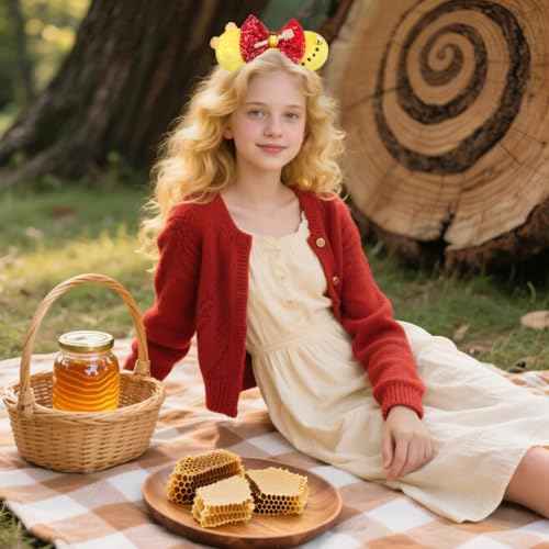 Golden Yellow Mouse Ears Headband, Red Sequin Bow with Honeycomb Accents for Theme Parks & Birthday Parties