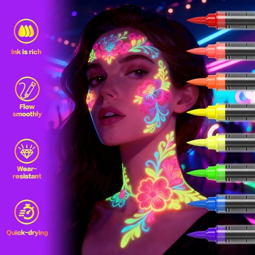 8-Color UV Neon Body Paint Pen Set - Luminous Face Tattoo Marker Kit