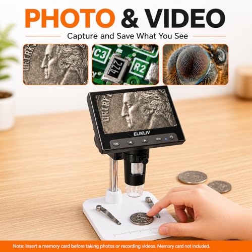Elikliv White LCD Digital Microscope 1000x with 8 LED Lights, 4.3" Display
