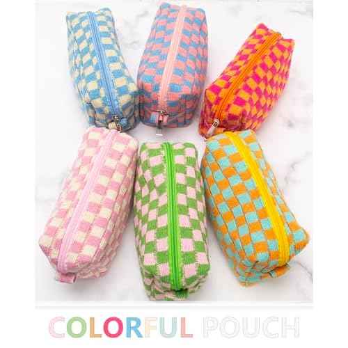 PAZIMIIK Checkered Makeup Bag for Purse Portable Zipper Make Up Pouch Small Cosmetic Case for Travel Red Orange