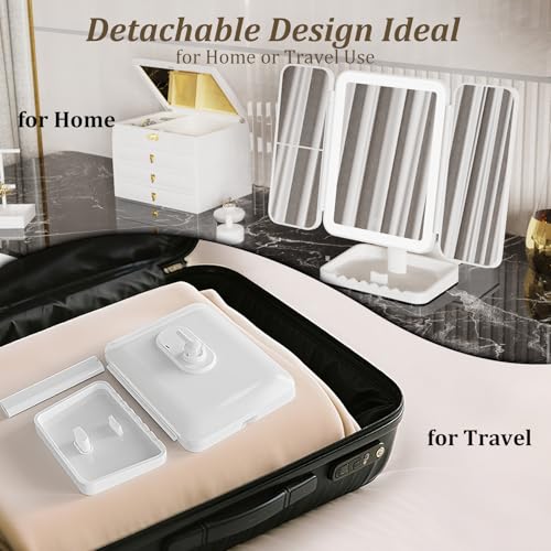 DailyCuddles White Makeup Mirror with Lights - 3 Color Modes, 1X/2X/3X Magnification, Tri-Fold, 360° Rotation, USB-C Rechargeable, Phone Holder