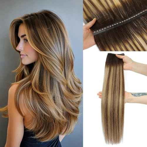 OVO Butterfly Weft Hair Extensions Human Hair Ombre Brown Highlight Dual-Sided Seamless Invisible Weave,Beaded Flat Weft Extensions, Soft & Natural Real Human Hair Extensions