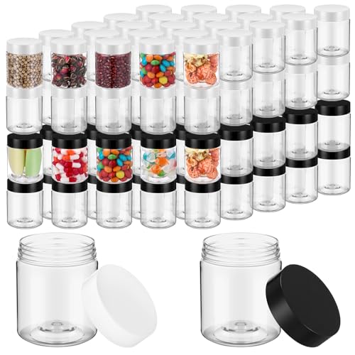 Meanplan 100 Pcs 4 oz Plastic Container Jars Clear Round Cosmetic Container with Lids, Plastic Jars with Screw Lids for Travel Storage, Kitchen Use, DIY Crafts(Black, White, PP)
