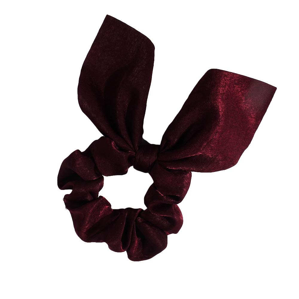 Solid Colors Hair Scrunchies Cute Bunny Ears Hair Ties Ponytail Holders with Bow Women Girls (4 Colors-D-Red wine,Dark green,Navy blue,Maroon)