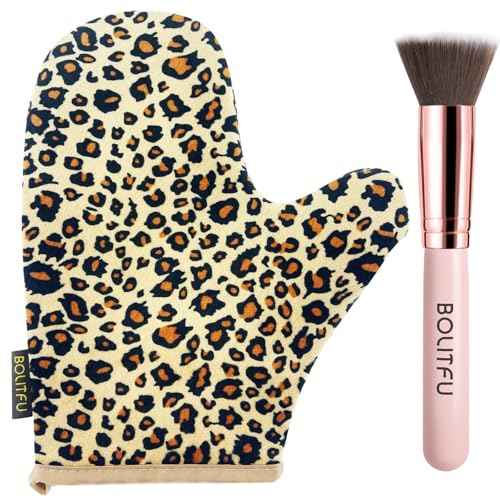 2 Pack Self Tanning Mitt Applicator Kit Set, Self Tanning Glove and Self Tanner Flat Top Brush, Tan Applicator for Sunless Self Tan (Leopard)