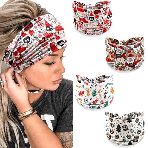 Christmas Headbands for Women Girls ? 4 Pack Unique Elastic Hair Bands with Cute Santa, Candy Cane, Reindeer & Chic Black Gold Holiday Prints, Fun Holiday Accessories for Party Winter Wear