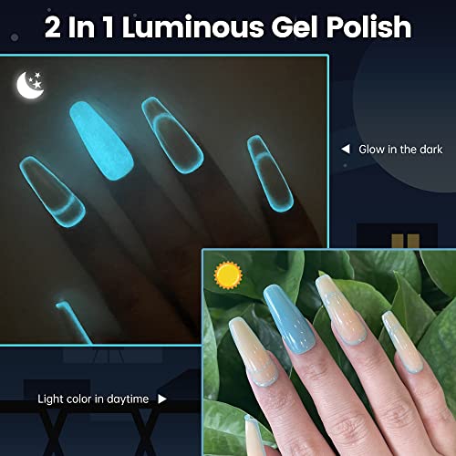 YTD Likomey Glow in the Dark Gel Nail Polish Set,6 Colors with Base and Top Coat Set,Fluorescent Neon White Green Orange Pink Yellow Blue Luminous Salon Home DIY Manicure UV Nail Gel,8 Pcs 7.5 ml