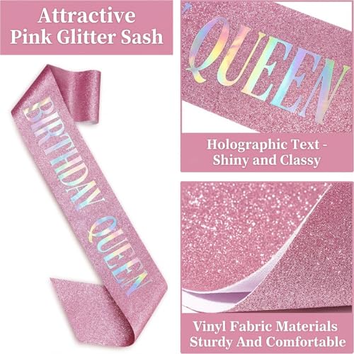 Pink Birthday Queen Sash with Sparkling Crystal Headband & Heart Sunglasses - 21st, 25th, 30th, 40th, 50th, 60th Women Party Accessories