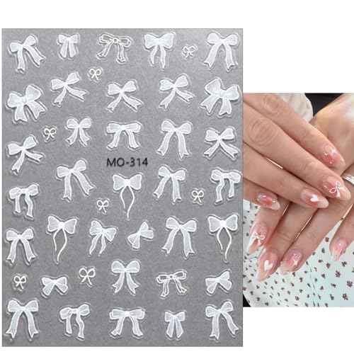 3sheets 5D Embossed Bow Nail Stickers for Nail Art Self-Adhesive Bow Nail Decals White Pink Bow Nail Art Stickers Design Cute Bow Nail Art Supplies for Women Girls