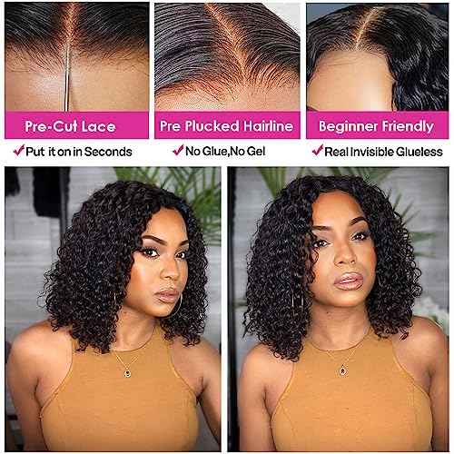 GOLFMAX Glueless Wigs Human Hair Pre Plucked Pre Cut 4X4 Lace Closure Bob Wig Human Hair Deep Wave Curly Short Bob Wig 14 Inch Wet and Wavy Lace Front Wigs With Elastic Band