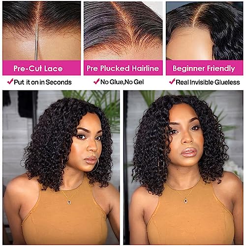 GOLFMAX Wear and Go Glueless Wigs Human Hair Pre Plucked Pre Cut Short Bob Wigs With Elastic Band For Black Women Deep Wave Curly 4x4 Closure Wig Water Wave Wigs Human Hair 12 Inch