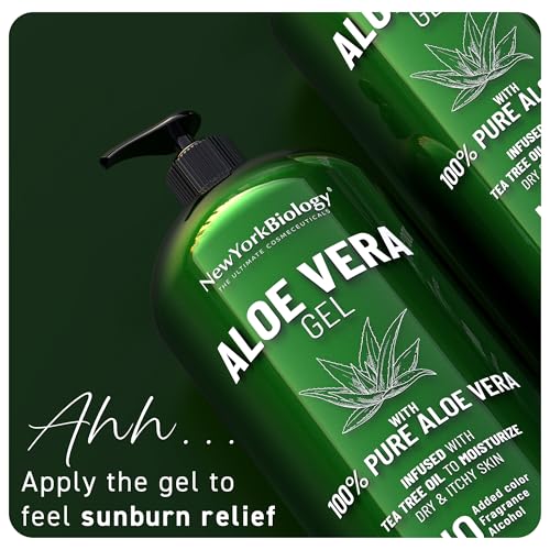 New York Biology Aloe Vera Gel for Face, Skin and Hair - Infused with Tea Tree Oil - From Fresh Aloe Vera Plant - Moisturizing Aloe Vera for Sunburn Relief and Dry Skin - 16.9 Fl Oz - Pack of 2