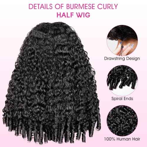 BGM GIRL 3 in 1 Burmese Curly Half Wig Human Hair Glueless Flip Over Half Wig with Drawstring Spiral Curly Ends for Women Easy Install Natural Black 180% Density 20 Inch
