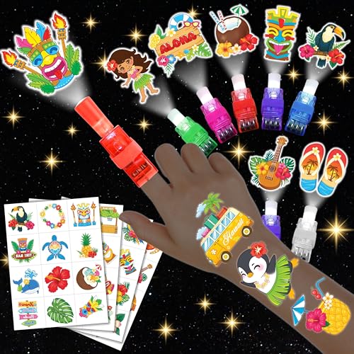 72 PCS Hawaiian Party Favors ? 48 PCS Luminous Tattoos & 24 PCS LED Finger Lights Combo ? Birthday Goodie Bag Fillers, Party Supplies, Gifts Light Up Toys Glow In The Dark for Boys and Girls