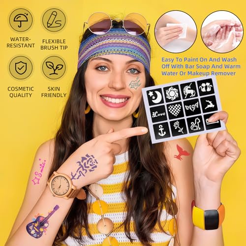 Temporary Tattoo Markers Kit - 16 Colors, 80 Stencils, Dual-End