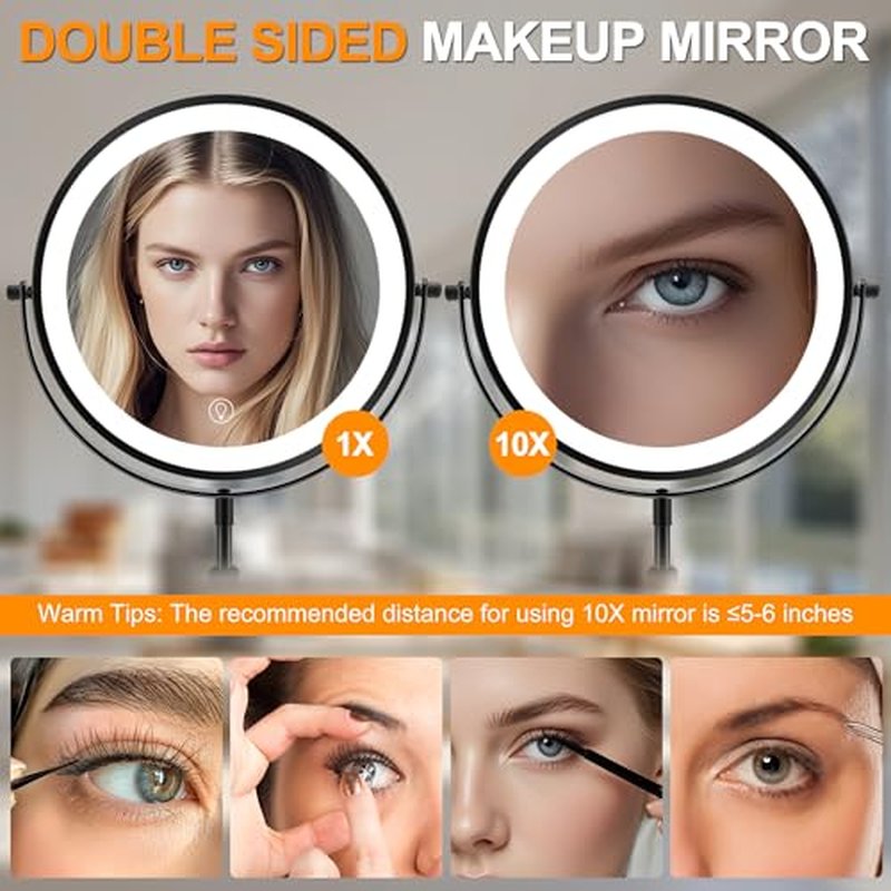 8.7" Large Lighted Makeup Mirror, 1X/10X Magnifying Mirror with 3 Color Dimmable Lights, Double Sided Vanity Mirror, Height Adjustable, 360¡Æ Swivel Cosmetic Mirror for Women Girl(Black)