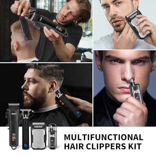 HIENA PRO Cordless Hair Clippers for Men, Professional Barber Kit - Beard Trimmer, Aluminum Foil Shaver, Nose Trimmer, 10 Limit Combs - Fast Charge, Smart LED Display (Clippers/Trimmer)