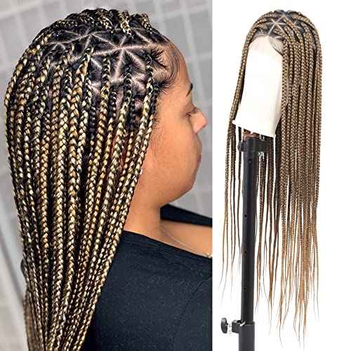 Lexqui 36" Braided Wigs for Black Women Triangle Knotless Braided Lace Front Wigs Box Braid Wig Full Double Lace Front Braided Wig with Baby Hair Light Brown Synthetic Hair