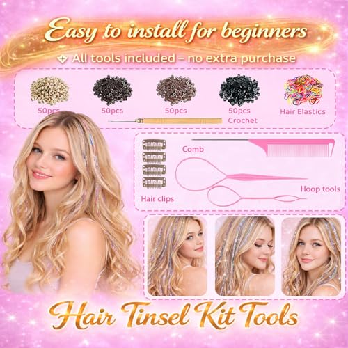 Rose Red Hair Tinsel Extensions Kit - 48 Inch 3200 Strands