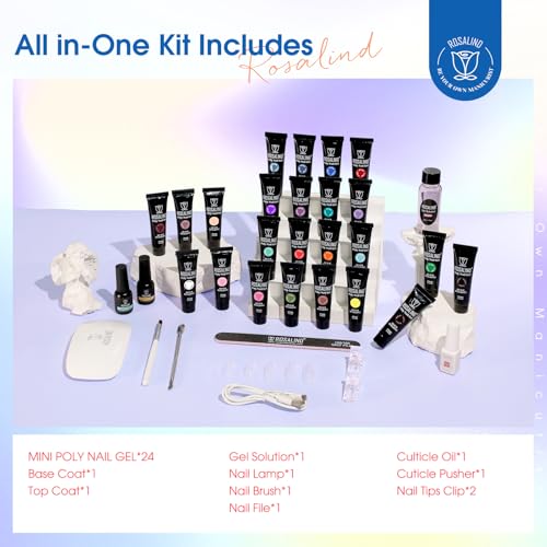 ROSALIND Poly Nail Gel Kit -24 Colors with Accessories Neon Poly Nails Gel Starter Kit with Slip Solution Mini UV Lamp Base Top Coat, Christmas All Seasons Classic Colors Poly Extension Gels Nails Kit