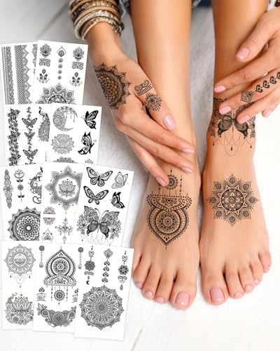 Black Henna Temporary Tattoos - 10 Sheet Mandala Flower Design