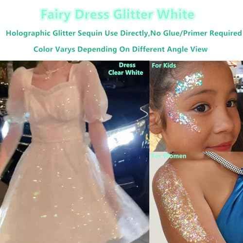 Go Ho Clear White Face Body Glitter - Party Flash Festival Rave Outfits for Women&Kids,Holographic Glitter White Face Paint,Halloween Mermaid Fairy Makeup Chunky Sequins Gel,Rave Pride Accessories