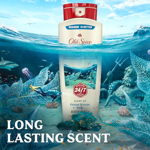 Old Spice Cleansing Body Wash for Men, 24/7 Shower Fresh with Lasting Scent, Exfoliate & Cleanse, Gentle on Skin, Vitamin B3, Deep Sea with Ocean Waves + Kelp Scent, 18 oz (Pack of 4)