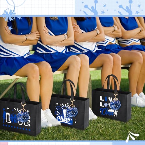 Landical 72 Pcs Blue Cheerleading Gifts 24 Cheer Bags Portable 24 Pom Pom Keychain 24 Cheerleading Bracelet Canvas Makeup Bag Bulk Cheer Gifts Female Teammates Toiletries Accessories