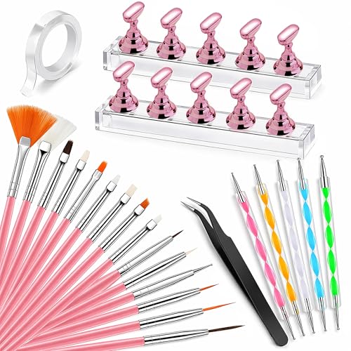 Beginner Nail Art Kit with Brushes Dotting Pens & Nail Stand for Press-On Nails