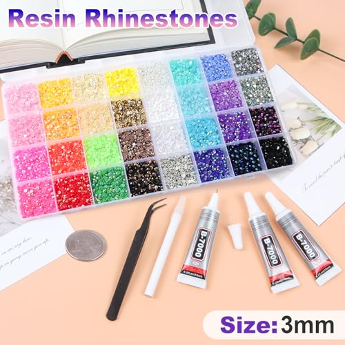 HRLbrc 45000Pcs 32 Colors Resin Jelly Rhinestones Bedazzling Kit with Glue 3mm for Crafts & Jewelry