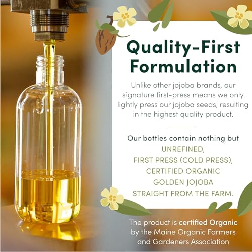 HobaCare Unrefined Organic Jojoba Oil for Skin Care, Hair, Beard, Scalp Massage - 100% Pure Carrier Oil for Perfume or Soap Making - Natural, Vegan, Cruelty-Free, Hexane-Free, Long Shelf Life (32 oz)