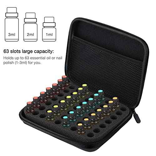 Jerliflyer Essential Oil Storage Bag,1-3ml 63 Slots Portable Aromatherapy Essential Oil Storage Bag Case Collision Proof No Leakage 16mm Aperture Essential Oil Organizer for Travel Outdoor (black)