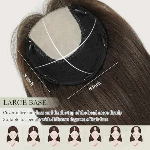 Hair Toppers for Women - 16inch Real Human Hair With Bangs, 8x8inch Skin Scalp Big Base Cover for Thinning or Hair Loss - Remy Top Pieces Wiglets