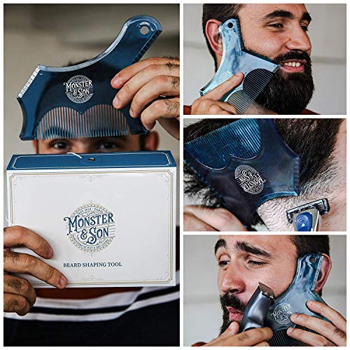 Monster&Son Beard Shaping Tool For Men - Classic Oversized Design (Blue Clear) - Lineup Stencil Shaper for Styling and Shaping - Alignment Guides for Perfect Symmetry