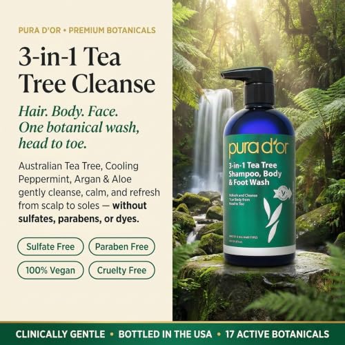PURA D'OR Tea Tree 3-in-1 Wash - Hair, Body & Foot Care, 16 oz