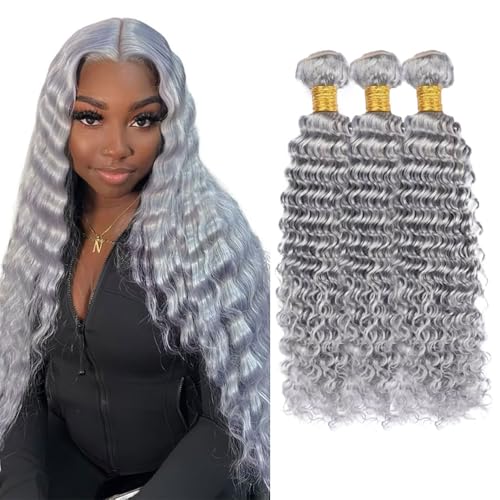 Silver Grey Deep Wave Human Hair 3 Bundles 28 Inch