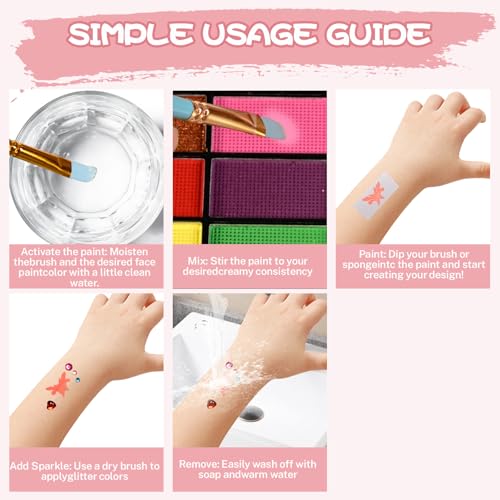 42 Color Kids Face Painting Kit, Non Toxic Water Activated Face Paint Palette with Stencils, Brush, Sparkle Gems. Perfect for Birthday Parties, Carnival, Costume Makeup