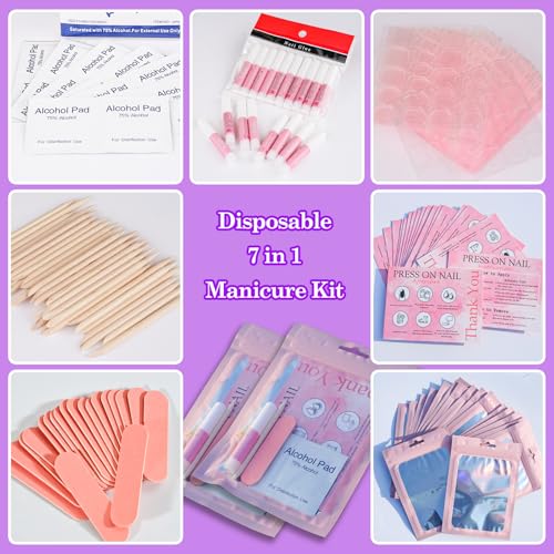 Disposable Nail Supplies Kit 140pcs Pink Press-On Manicure Set for Salon & Home