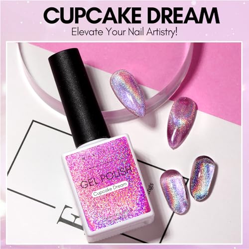 Makartt Cat Eye Gel Nail Polish Universal Rainbow Holographic Gel Polish Cupcake Dream Sparkly Glitter Unique Magnetic Effect Nail Gel for DIY Nail Art UV LED Soak Off Manicure 10ml