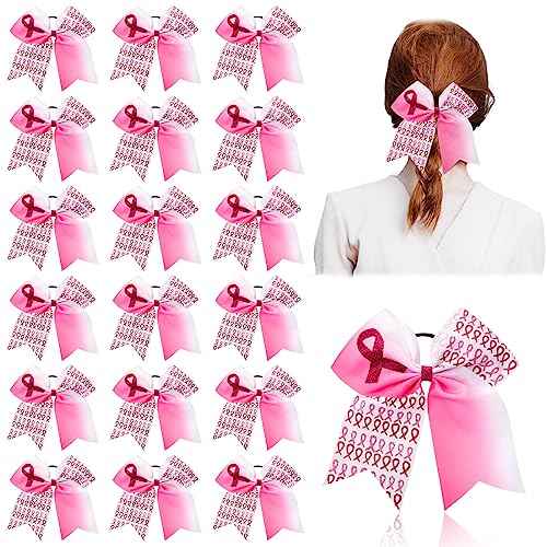 Retrowavy 18 Pcs 7 Inch Breast Cancer Awareness Cheer Bows Pink Ribbon Hair Bows Accessories Hair Tie Ponytail Holder Elastic Band for Teens Women Cheerleader Public Charity(Ribbon)