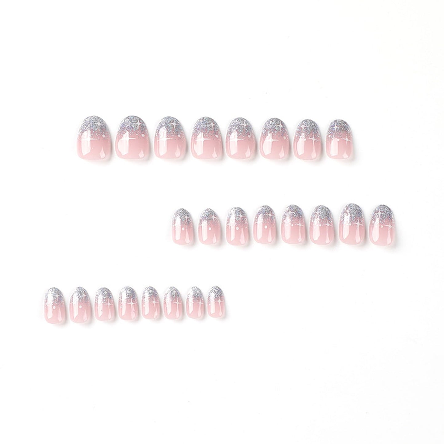 Almond Press on Nails Short Fake Nails Glitter False Nails Star Acrylic Nails French Stick on Nails Glossy Pink Artificial Nails Full Cover Glue on Nails Cute Press on Nails for Women Girls Manicure