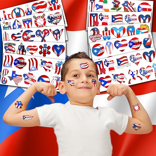 100PCS Puerto Rico Temporary Tattoos Puerto Rican Party Decorations Favors Supplies Themed Flag Stickers 10 Sheets Gifts for Baby Girls Boys Class School Carnival