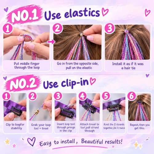 Rose Pink Fairy Hair Tinsel Kit 48 Inch Glitter Hair Extensions for Girls & Women