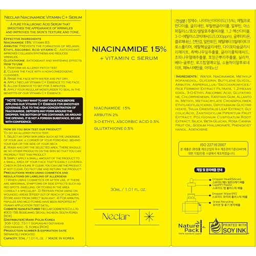 Niacinamide Serum for Face - 15% Niacinamide with Vitamin C, Glutathione - Korean Dark Spot Serum for Uneven Tone, Enlarged Pore, Dullness, Ance-Prone, Sensitive Skin - Fragrance-Free, Daily Use