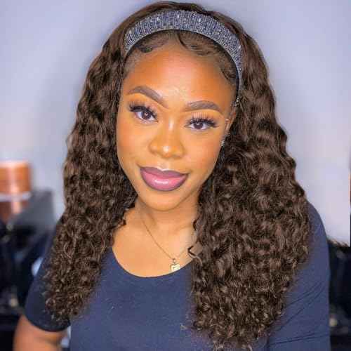 Chocolate Brown Deep Wave Headband Wig Human Hair #4 Colored Curly Headband Wigs for Black Women Human Hair Glueless None Lace Front Wigs Brazilian Virgin Hair Wig Machine Made 150% Density 16 Inch