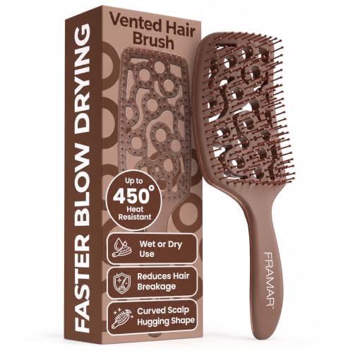 FRAMAR Chocolate Vented Curved Hair Brush for Blow Drying - Professional Salon Quality