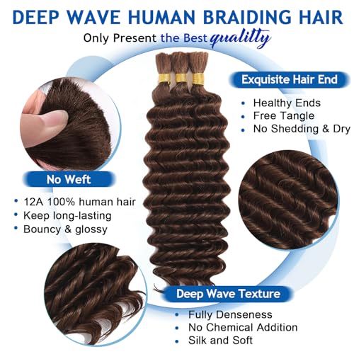 Chocolate Brown Human Braiding Hair 14 Inch Deep Wave Bulk for Boho Braids - 110g