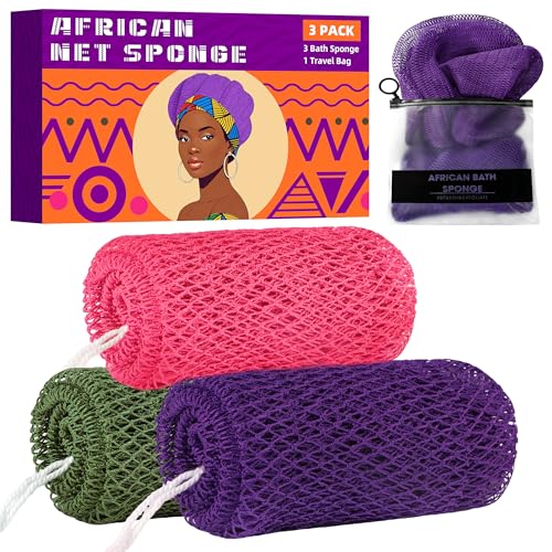 African Net Sponge 3 Pack with Travel Bag - Exfoliating Bath Scrubber