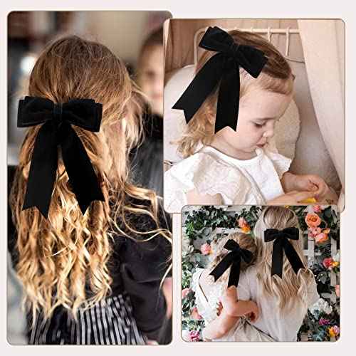 4PCS Velvet Hair Bows for Girls, Black Hair Bow Clips Ponytail Long Ribbon Bows Hair Accessories for Women Girls Toddlers Infant (Black)