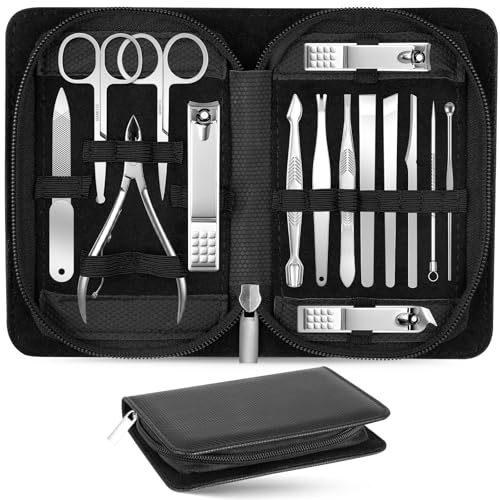 TEPRETER 15-Piece Nail Care Set with Stainless Steel Clippers & Leather Case